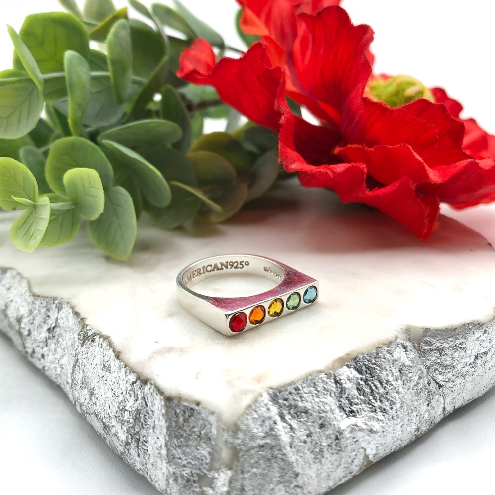 Alex And Ani Sterling Silver Rainbow Crystal Signet Bar Flat Top Rhinestone Ring - Picture 7 of 17